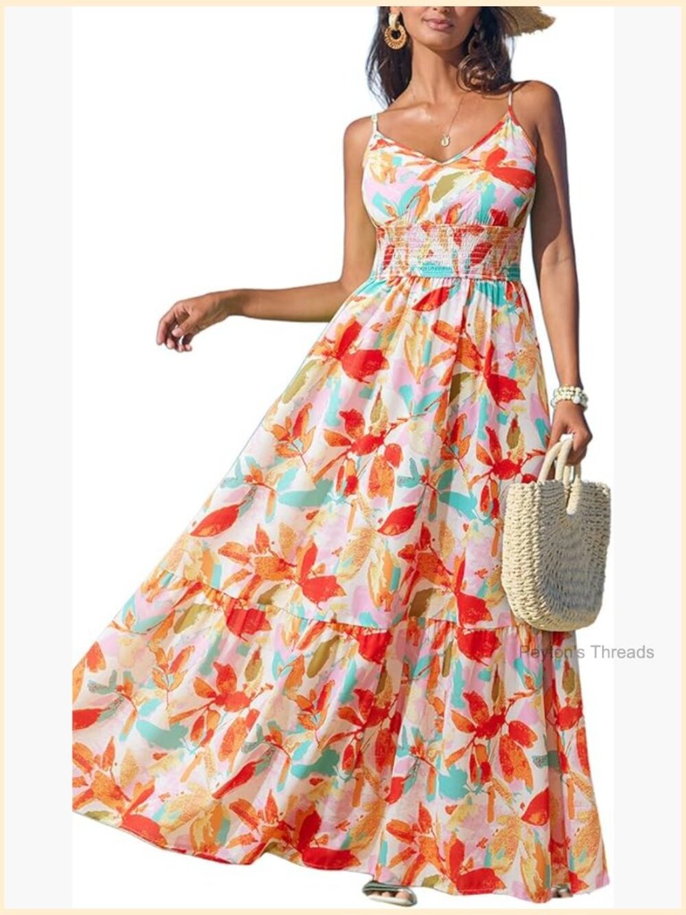 Tropical V-Neck Sleeveless Spaghetti Strap Smocked Waist Maxi Dress - Picture 1 of 5